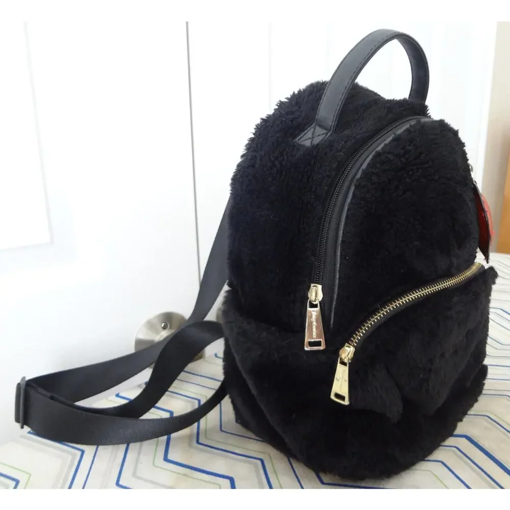 Juicy Couture Back Faux Fur Mini Small Backpack Red Heart Charm Gold Rhinestones